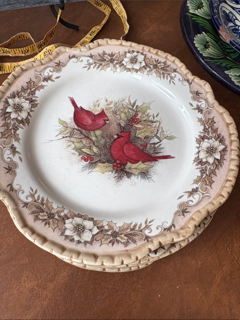 Holiday Cardinal Ceramic Dinner Plate in Red and Cream -